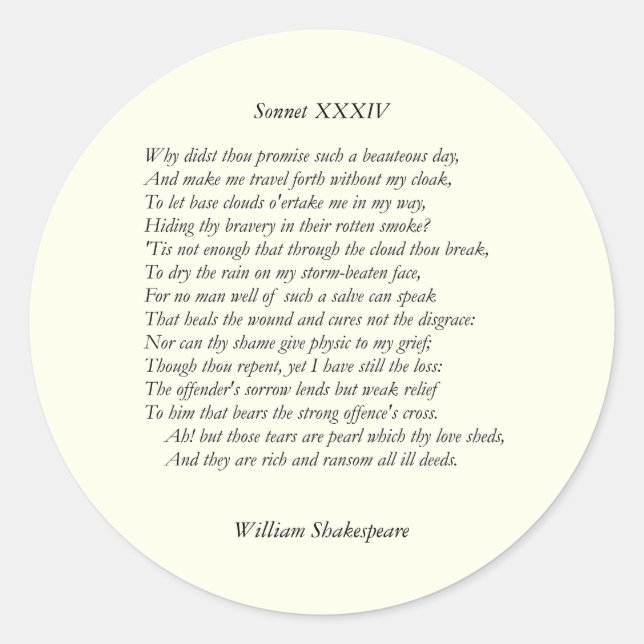 Sonnet # 34 von William Shakespeare Runder Aufkleber (Vorderseite)