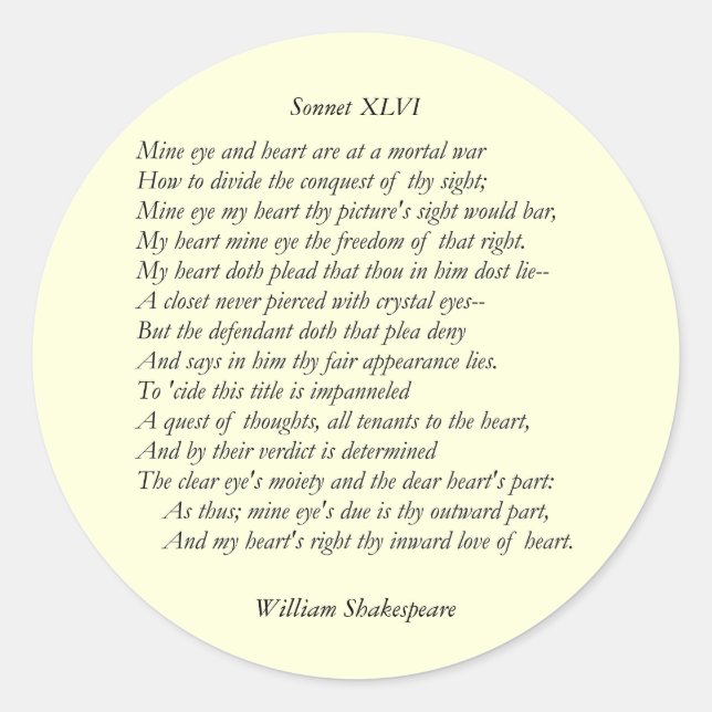 Sonnet # 46 von William Shakespeare Runder Aufkleber (Vorderseite)