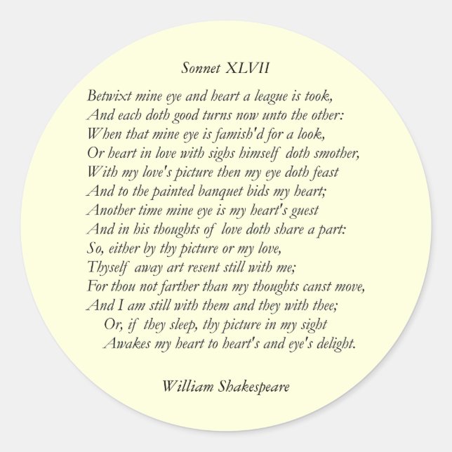 Sonnet # 47 von William Shakespeare Runder Aufkleber (Vorderseite)