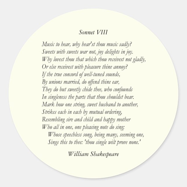 Sonnet # 8 von William Shakespeare Runder Aufkleber (Vorderseite)