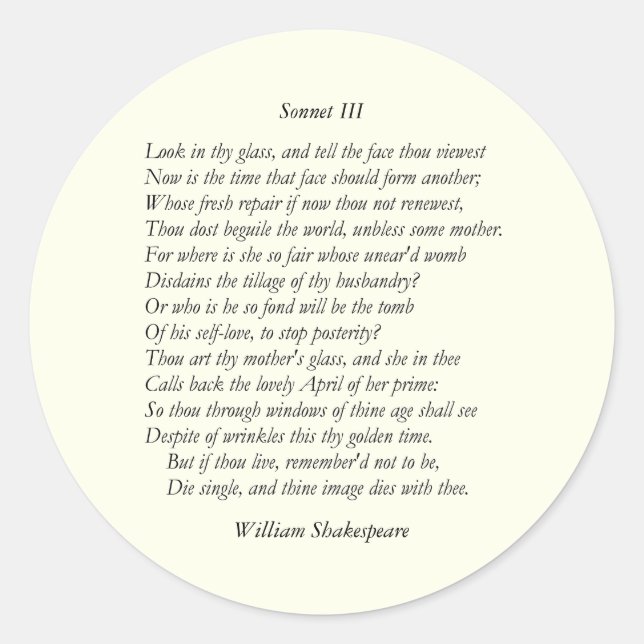 Sonnet Nr. 3 von William Shakespeare Runder Aufkleber (Vorderseite)