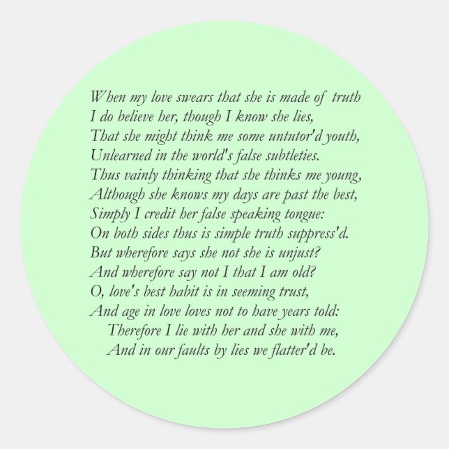 Sonnet Number 138 by William Shakespeare Runder Aufkleber (Vorderseite)