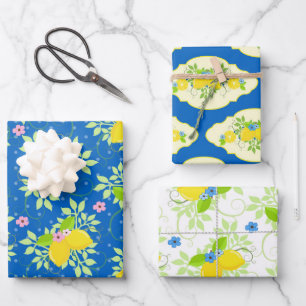 Sonnige blaue und gelbe Zitronen Blumenmuster Geschenkpapier Set