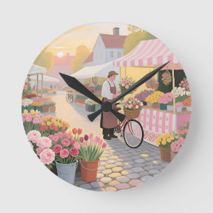 Sonnige Blumenstraßenszene Runde Wanduhr