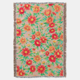 Sonnige Blüten" - Orange und rote Blumen gewebter Decke