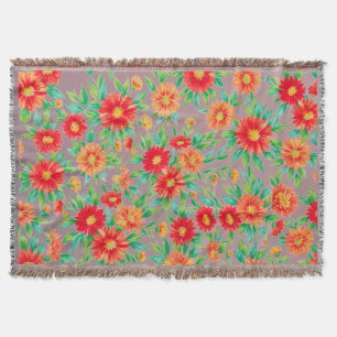 Sonnige Blüten" - Orange und rote florale gewebte Decke