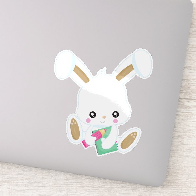 Sonnige Fahrt zur Schule, Niedlicher Hase, Bücher, Aufkleber (Detail)