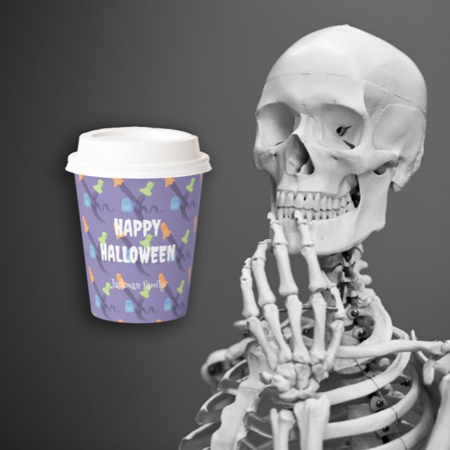 Sonnige Geister auf der Insel. Halloween Pappbecher (Funny ghosts on lilac. Customizable Halloween Paper Cups)