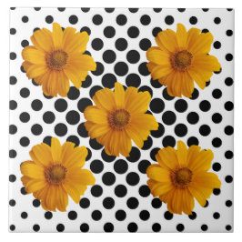 Sonnige gelbe Blumen auf schwarzen und weißen Dott Fliese