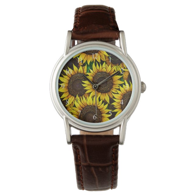 Sonnige große Sonnenblumenmuster Armbanduhr (Vorderseite)