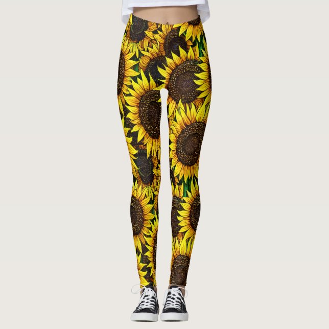 Sonnige große Sonnenblumenmuster Leggings (Vorderseite)
