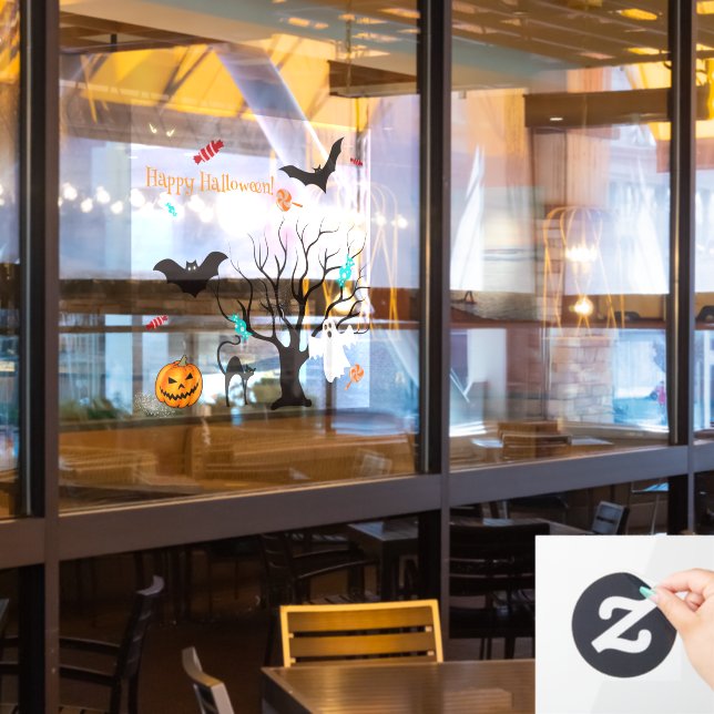 Sonnige Halloween-Kreaturen und Bonbons Fensteraufkleber (Restaurantfenster)