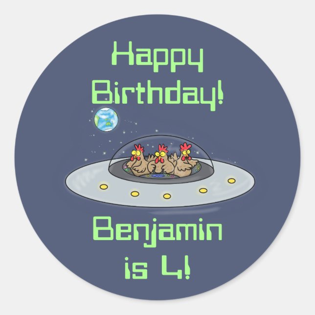Sonnige Hühner im Cartoon des Raumschiffs Runder Aufkleber (Vorderseite)