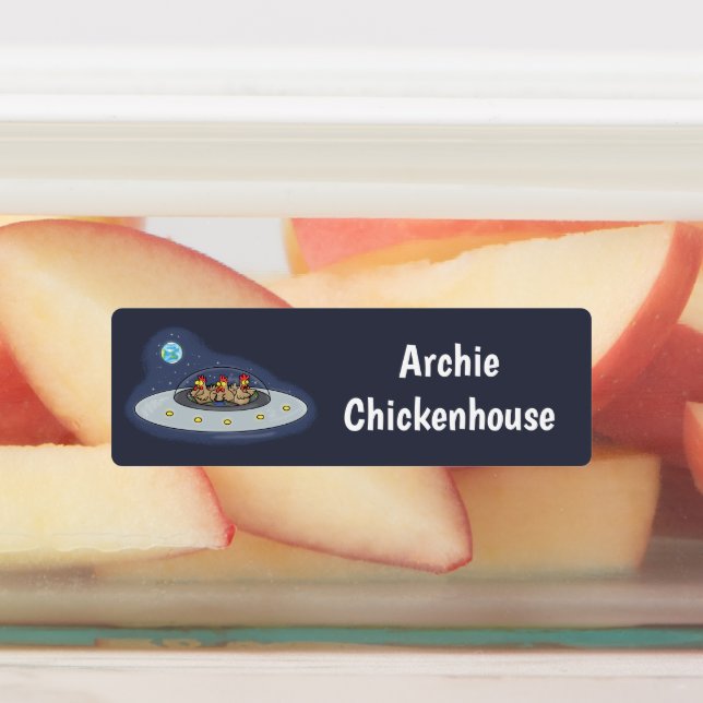 Sonnige Hühner im Weltraum Cartoon personalisiert Etiketten (Befestigt)