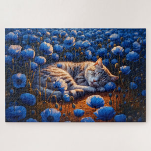 Sonnige Katzenfarbe Schlaf Blumenblau niedliche Na Puzzle
