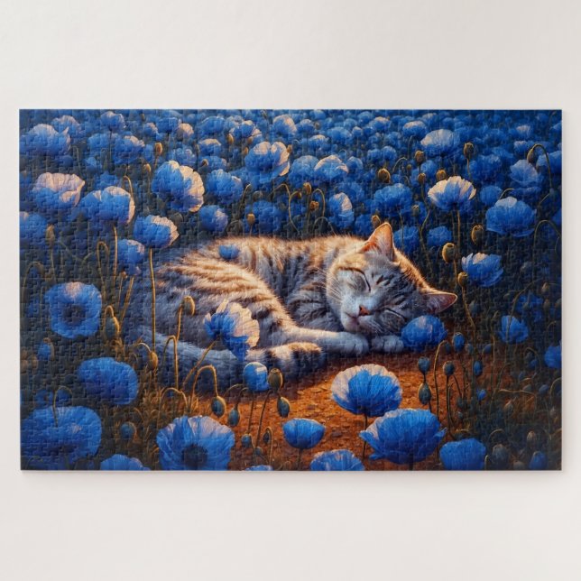 Sonnige Katzenfarbe Schlaf Blumenblau niedliche Na Puzzle (Horizontal)