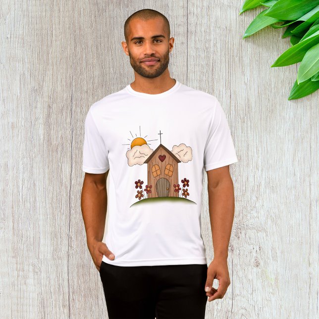 Sonnige Kirche mit Blume Rustikales Landhaus T-Shirt (Von Creator hochgeladen)