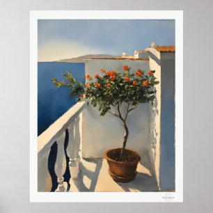 Sonnige Mittelmeer Balkon mit Blumen Öl Schmerz Poster