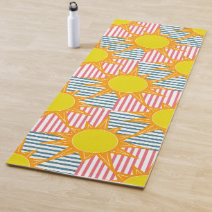 Sonnige orangegelbe Sonnen auf weißem, aquamarin r Yogamatte
