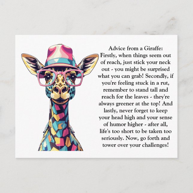 Sonnige Ratschläge von einer Giraffe Postkarte (Vorderseite)
