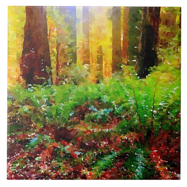 Sonnige Redwoods mit Ferns Watercolor Tile Trivet Fliese (Vorderseite)