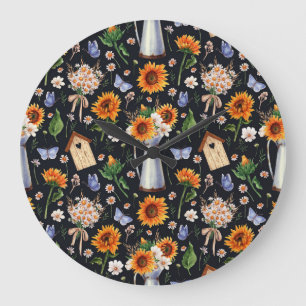 Sonnige Rustikale Wasserfarbe Muster Sonnenblumen Große Wanduhr