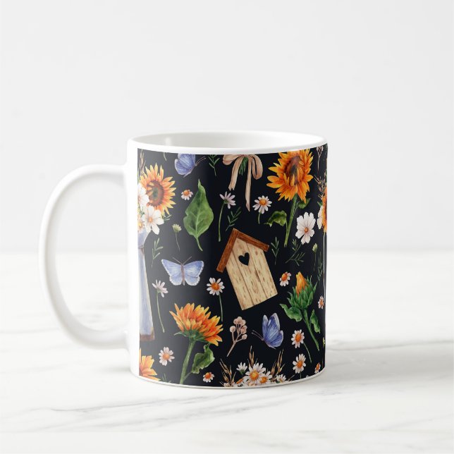 Sonnige Rustikale Wasserfarbe Muster Sonnenblumen Kaffeetasse (Links)