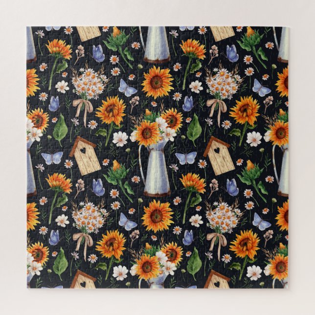 Sonnige Rustikale Wasserfarbe Muster Sonnenblumen Puzzle (Vertikal)
