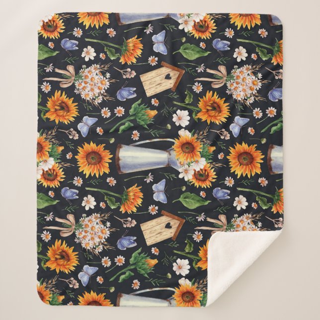 Sonnige Rustikale Wasserfarbe Muster Sonnenblumen Sherpadecke (Vorderseite)