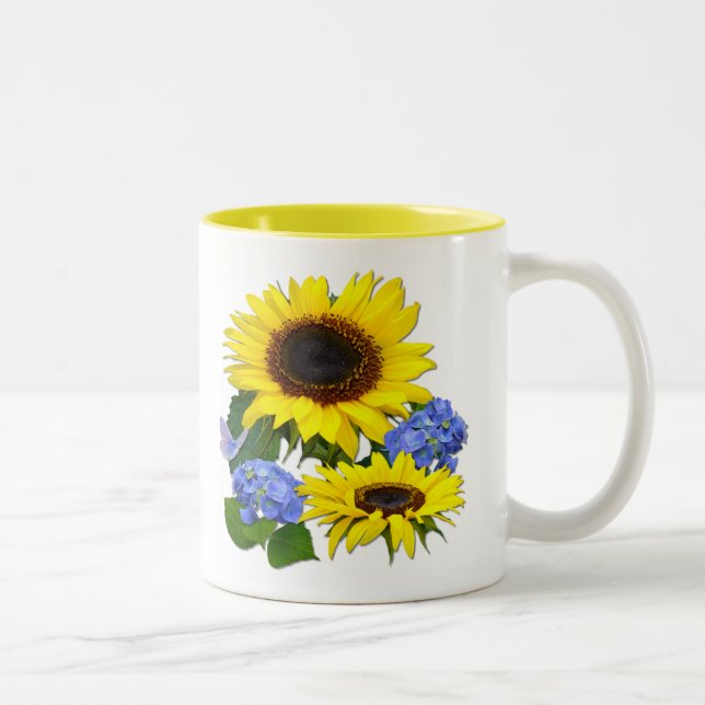Sonnige Sonnenblumen und blaues Hydrangea Zweifarbige Tasse (Rechts)