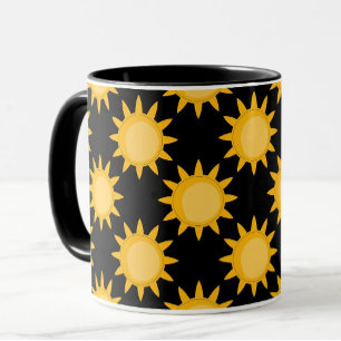 Sonnige Sonnenillustration auf schwarzem Musterdes Tasse