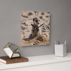 "Sonnige Tage: Baby Meerkat's Beach Adventure" Quadratische Wanduhr