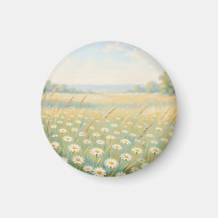 Sonnige weiße Gänseblümchen-Wiese Wildblumenfeld Magnet
