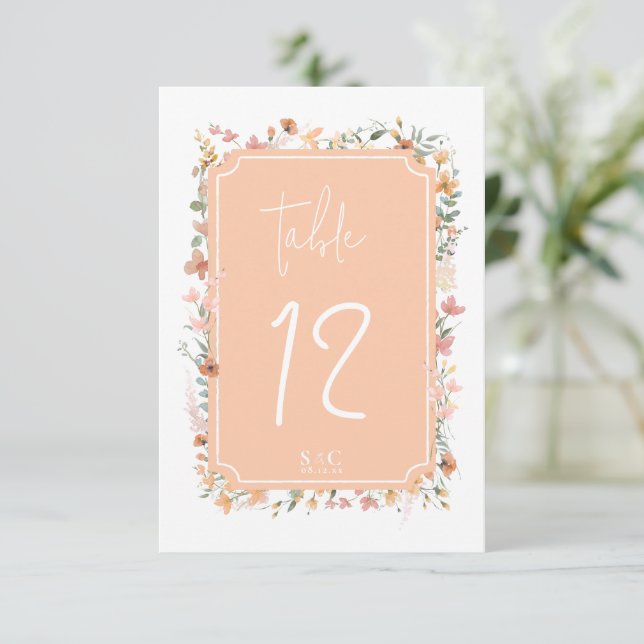 Sonnige Wildblume Hochzeit Tischnummer Peach ID102 (Stehend Vorderseite)