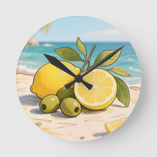 Sonnige Zitronen-Olive Strandfrische Runde Wanduhr