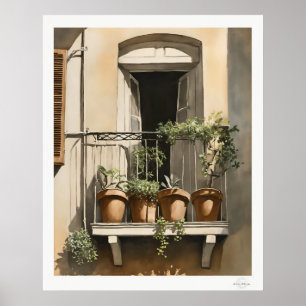 Sonniger Balkon mit Blumen Ölbild Druck Poster