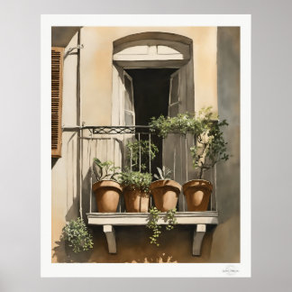 Sonniger Balkon mit Blumen Ölbild Druck Poster