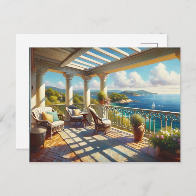 Sonniger Balkon mit Meerblick Postkarte (Vorne/Hinten)