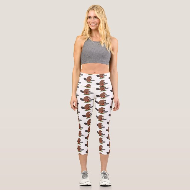 Sonniger Biber mit Kettensäge Cartoon Spaß Capri Leggings (Vorderseite)