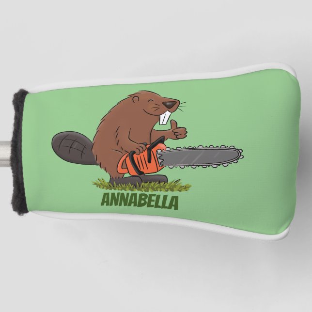 Sonniger Biber mit Kettensäge Cartoon Spaß Golf Headcover (Vorderseite)