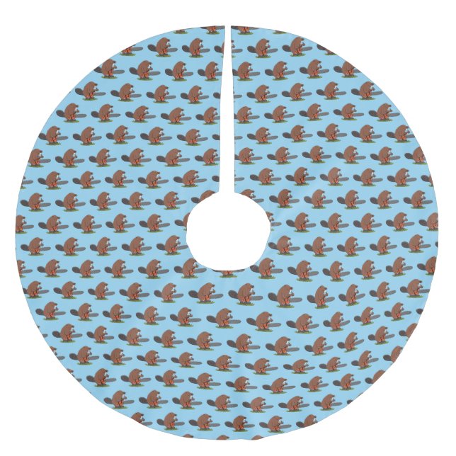 Sonniger Biber mit Kettensäge Cartoon Spaß Polyester Weihnachtsbaumdecke (Vorderseite)