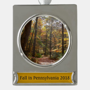 Sonniger Herbstweg im Laurel Hill State Park Banner-Ornament Silber