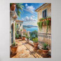 Sonniger mediterraner Balkon mit Meerblick Kunst