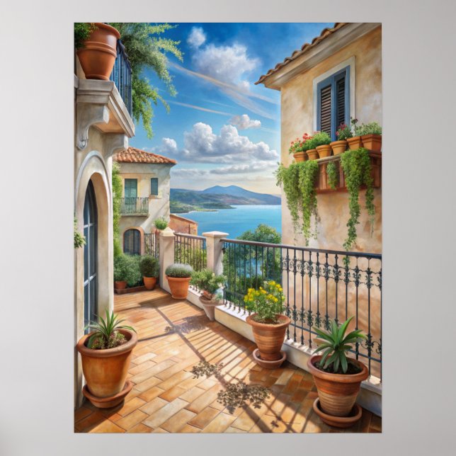 Sonniger mediterraner Balkon mit Meerblick Kunst Poster (Vorne)