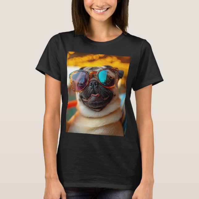 Sonniger Mops am Strand T-Shirt (Vorderseite)