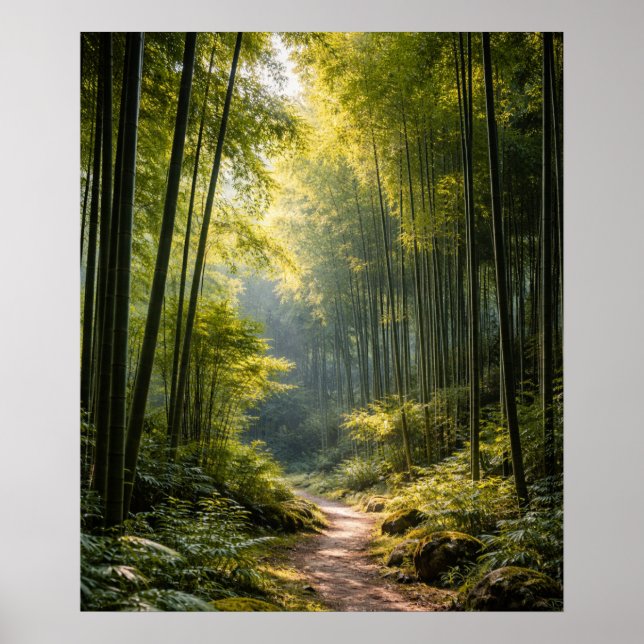 Sonniger Pfad durch Bambuswald Poster (Vorne)