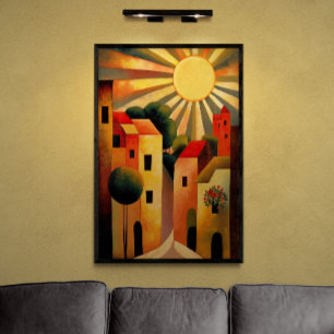 Sonniger Tag in der Kleinstadt AI Art Retro-Illust Poster