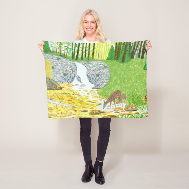 Sonniger Wald mit Hirsch Fleece-Decke Fleecedecke (Beispiel)