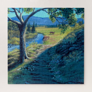 Sonniger Weg zum Feld und Pferde mit Fohlen Puzzle