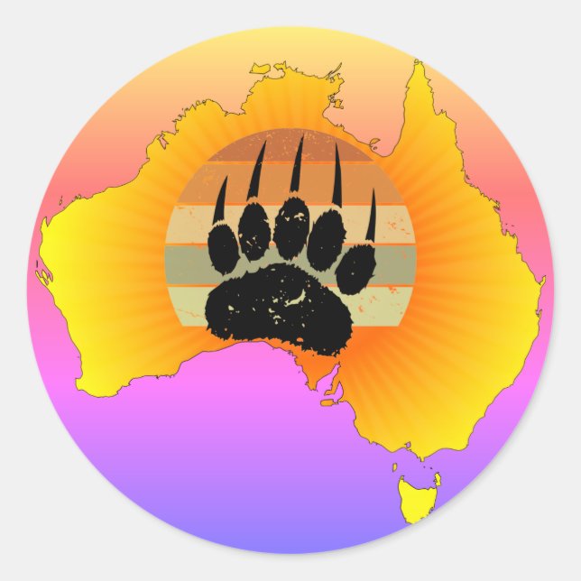 Sonniges Australien Karte Bär mit Retro Sunset Runder Aufkleber (Vorderseite)